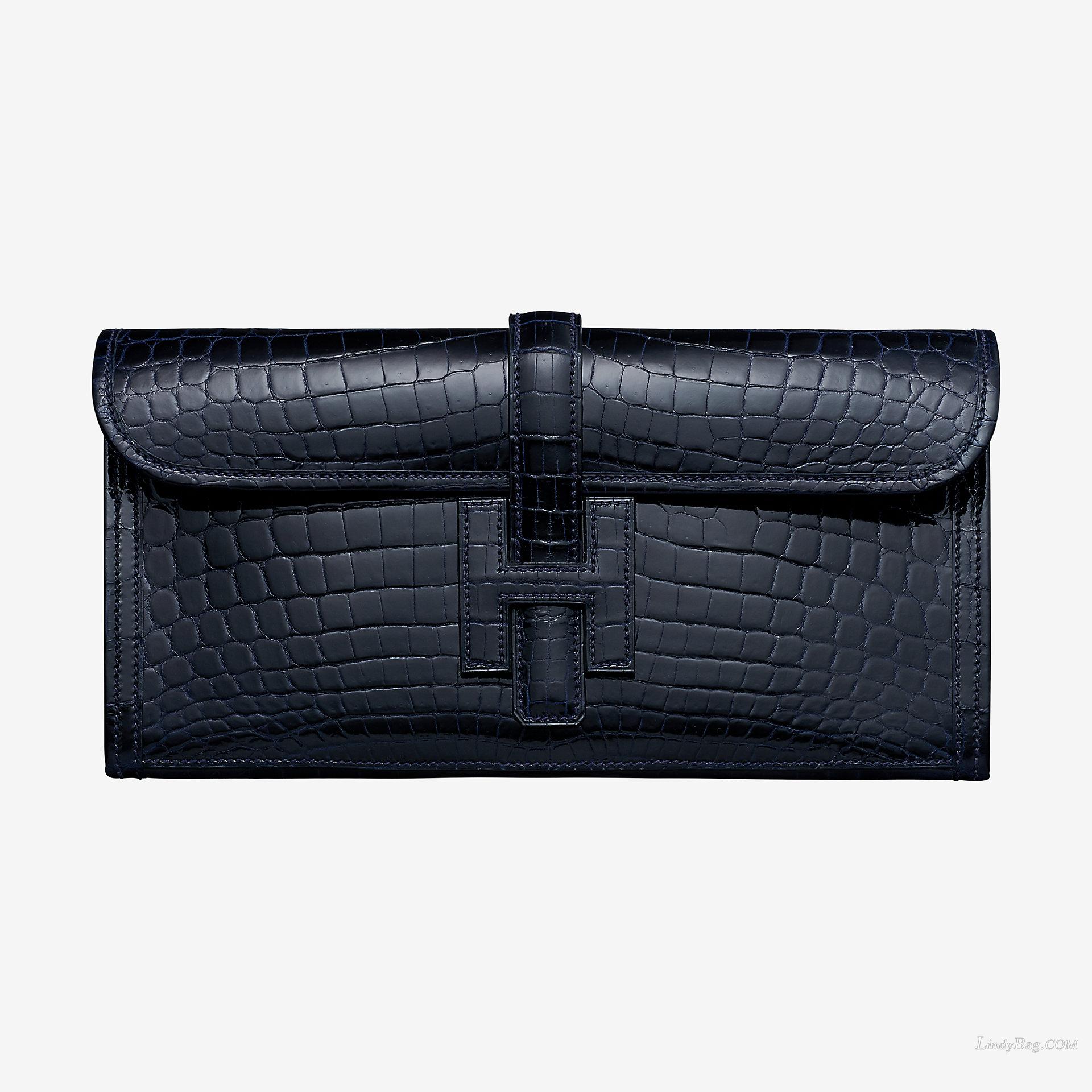 Hermes Jige Elan 29 clutch CA78 bleu marine crocodile leather