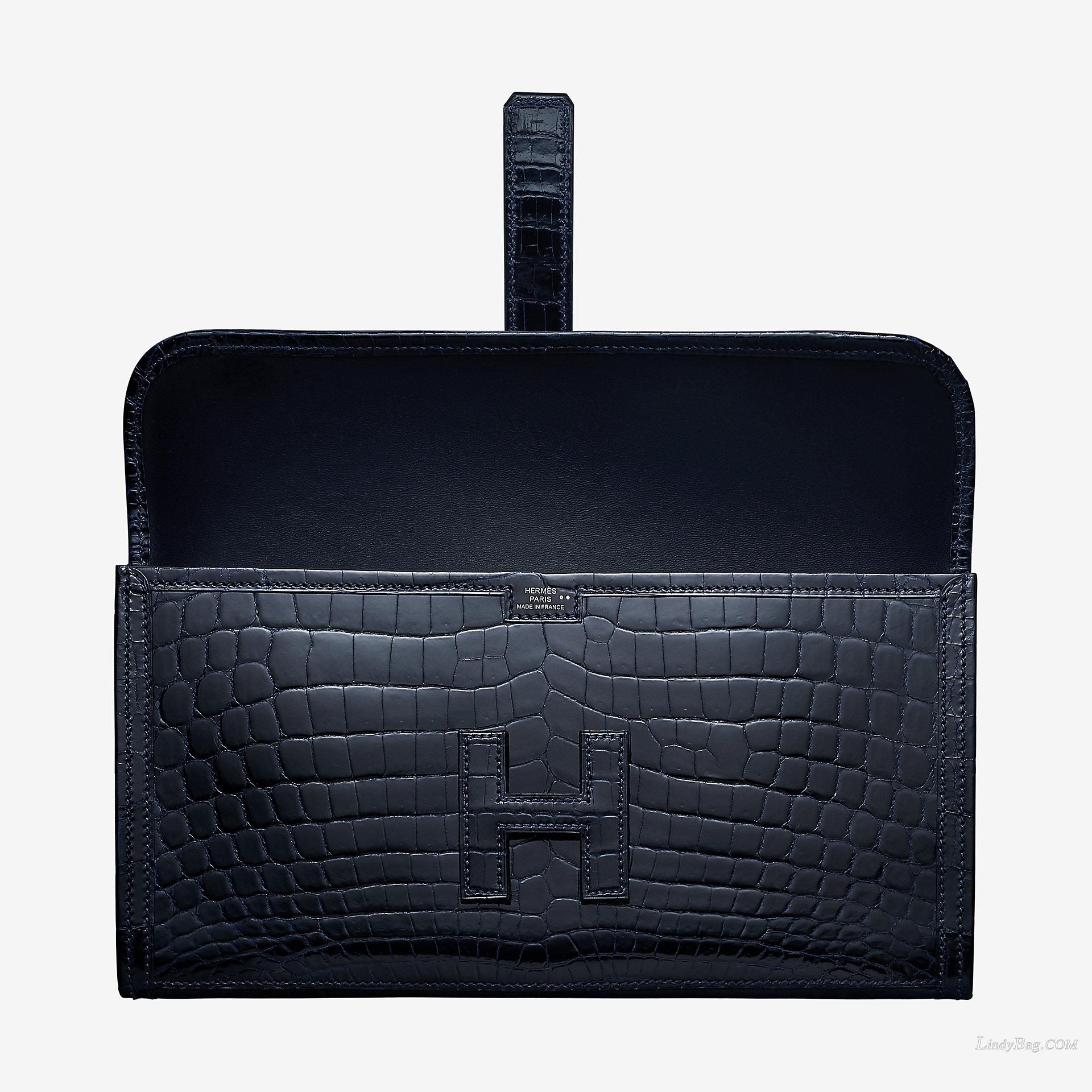 Hermes Jige Elan 29 clutch CA78 bleu marine crocodile leather