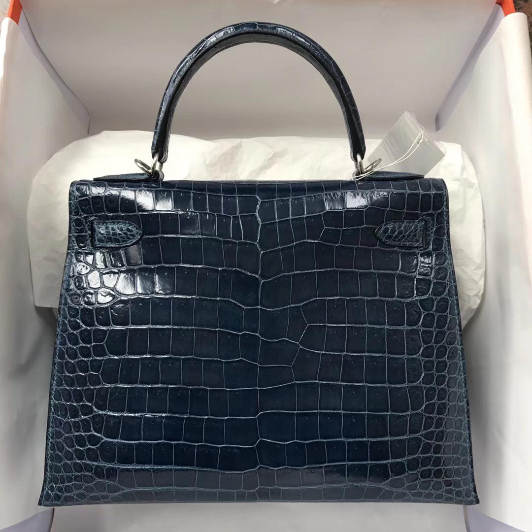 Hermes Birkin 30 Handbag N7 Blue Tempete Shiny Porosus Croc GHW