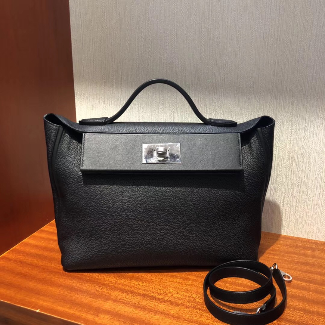 Hermes Kelly 24/24 bag 29cm PHW CK89 noir Taurillon Maurice/Swift calfskin