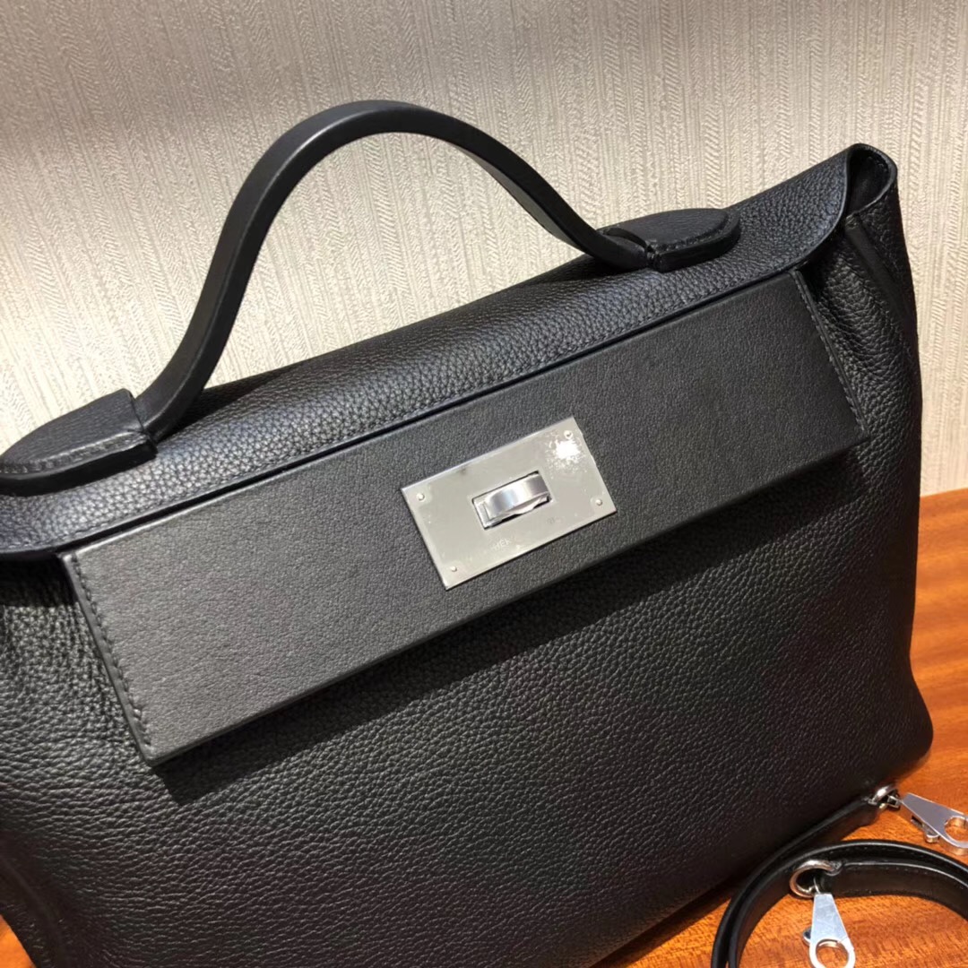 Hermes Kelly 24/24 bag 29cm PHW CK89 noir Taurillon Maurice/Swift calfskin