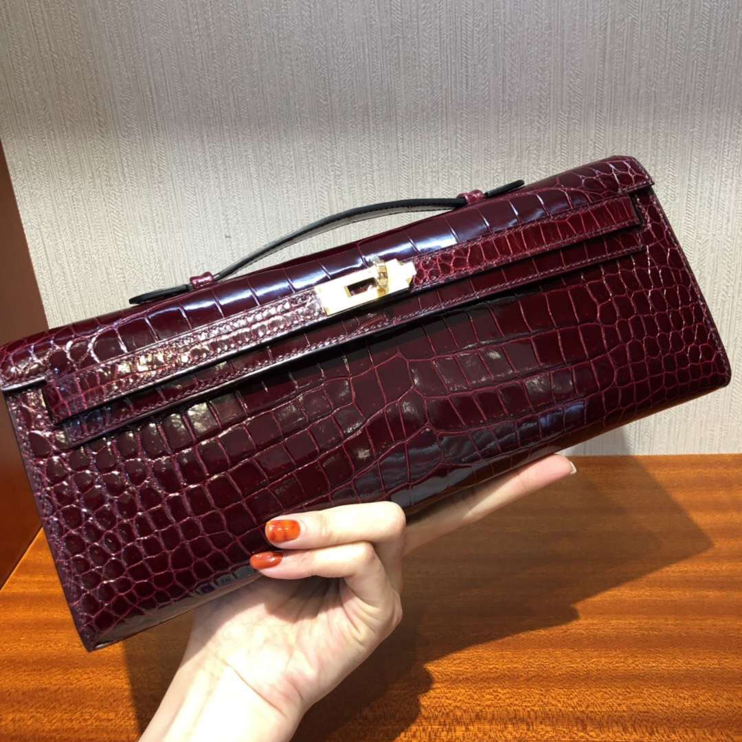 Hermes Kelly Cut 31 Clutch ck57 Bordeaux Shiny Porosus Croc PHW