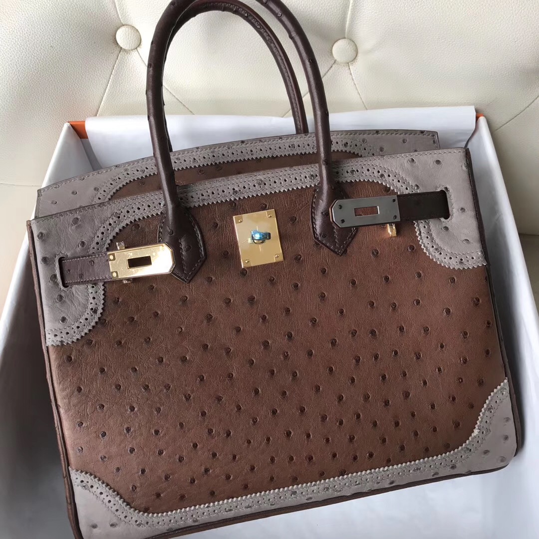 Singapore Hermes Birkin 30cm Ghillise 鸵鸟蕾丝三拼色 土黄色/巧克力/大象灰-Hermes Birkin kelly constance Lindy Bag