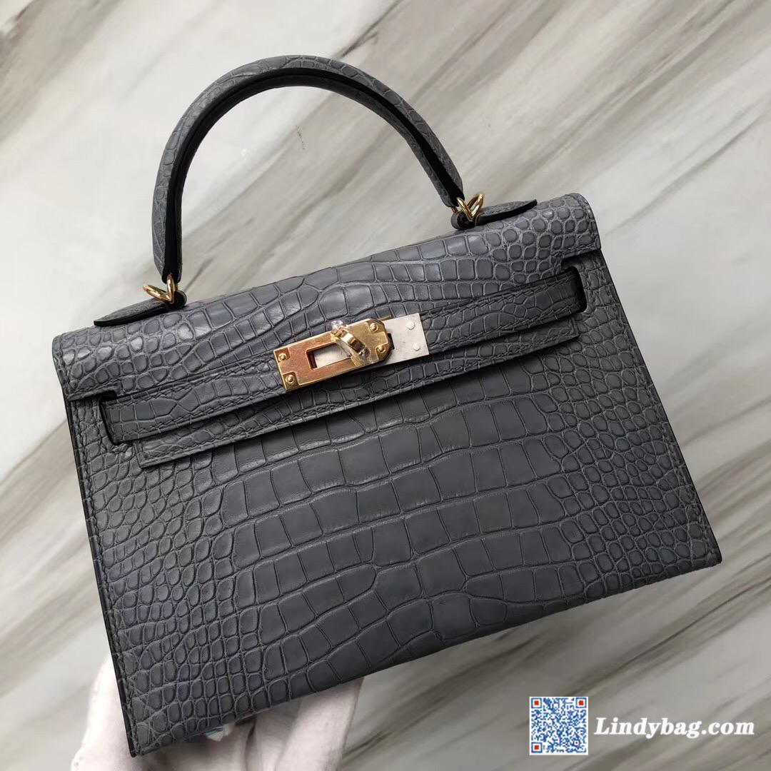 2019最新HERMES刻印 Hermès Mini Kelly II Price M8慕斯灰 美洲鳄-Hermes Birkin kelly constance Lindy Bag