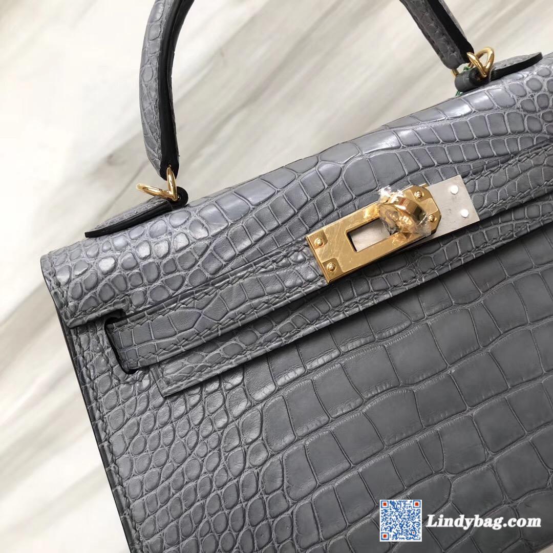 2019最新HERMES刻印 Hermès Mini Kelly II Price M8慕斯灰 美洲鳄-Hermes Birkin kelly constance Lindy Bag