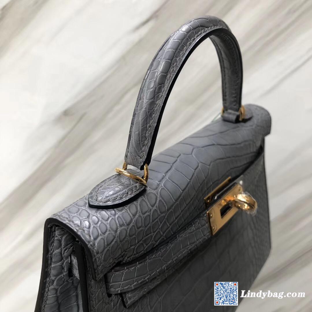 2019最新HERMES刻印 Hermès Mini Kelly II Price M8慕斯灰 美洲鳄-Hermes Birkin kelly constance Lindy Bag