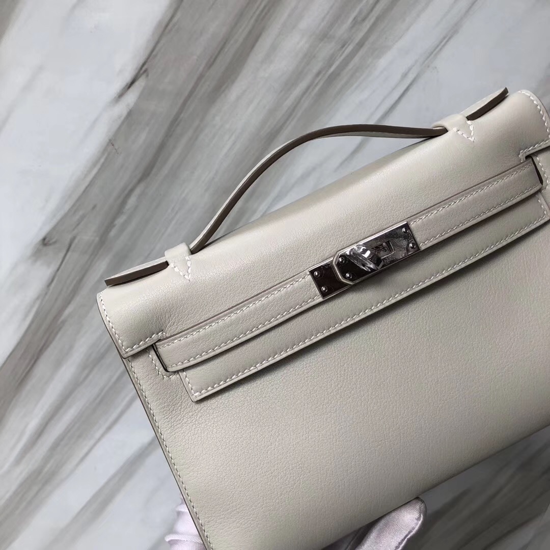 Hermes Mini Kelly 22 Pochette Bag ck80 Pearl Grey Swift GHW