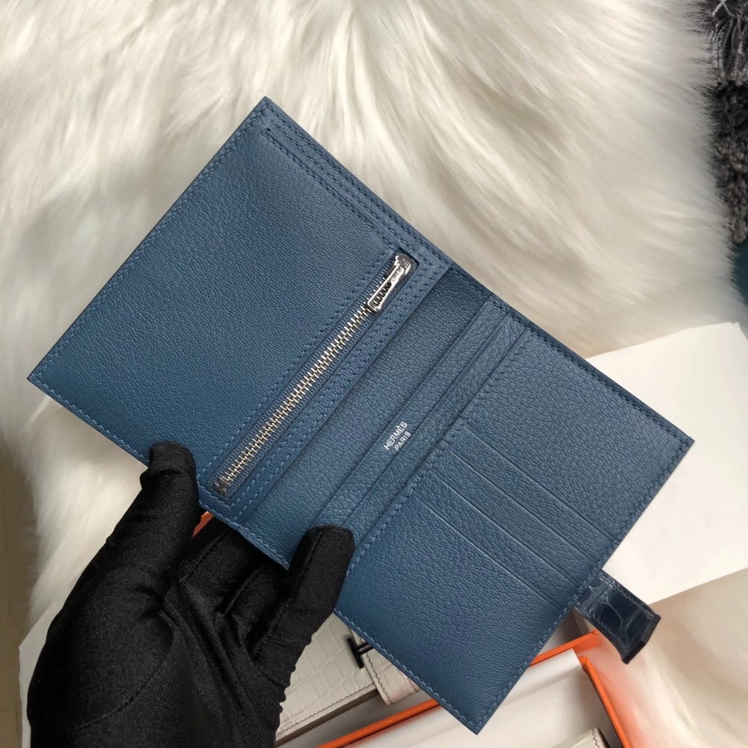 臺北市 Hermes Bearn compact wallet 亮面鱷魚 1P Colvert 鴨子藍