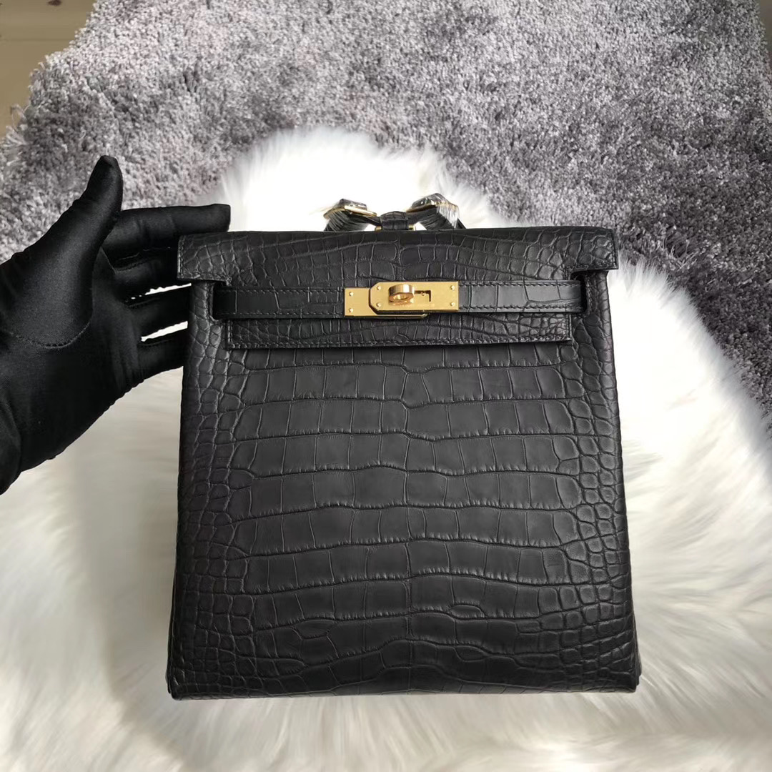 Taiwan Hermes Kelly Ado Backpack Black Matte Nilo Crocodile