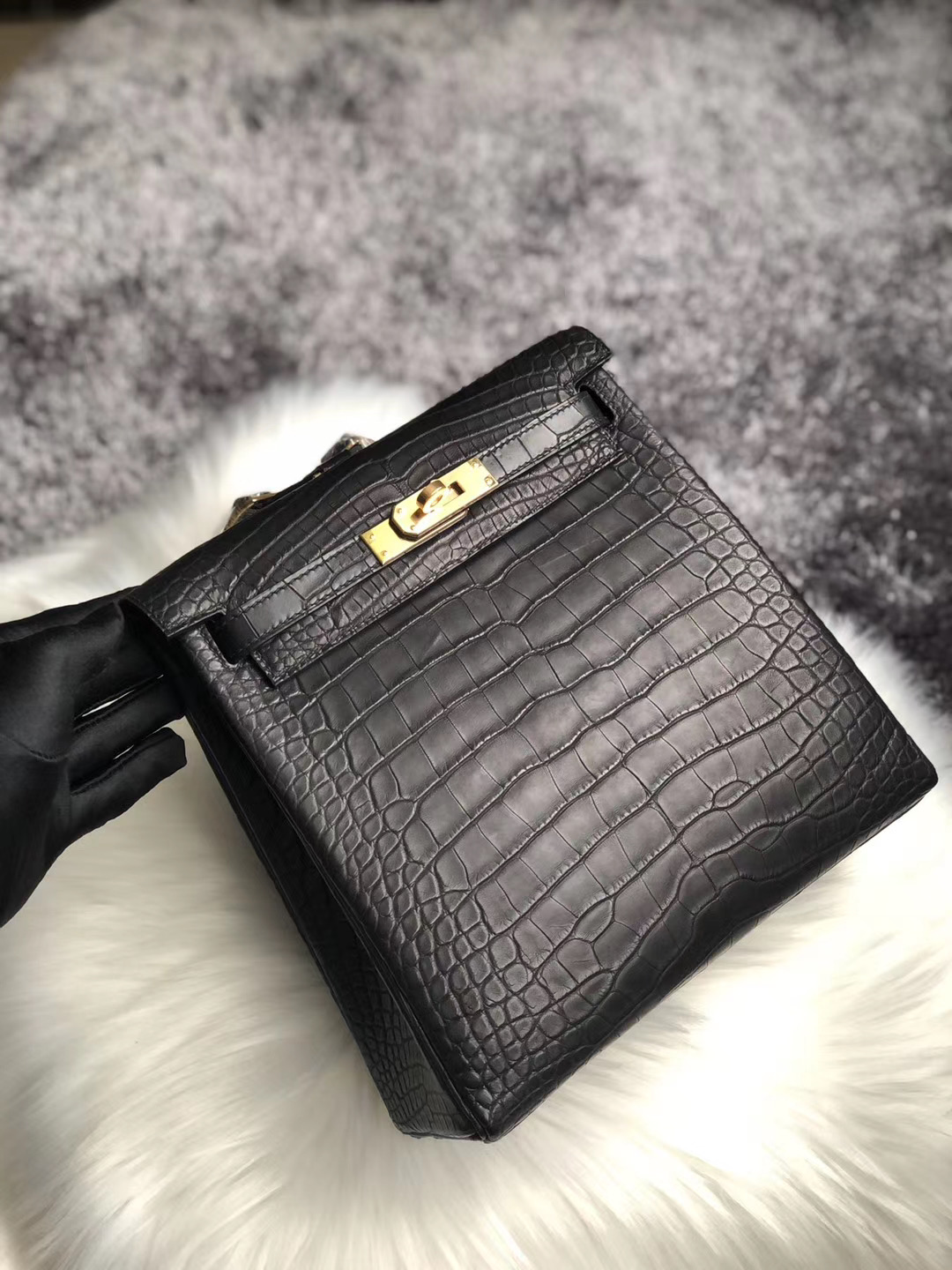 Taiwan Hermes Kelly Ado Backpack Black Matte Nilo Crocodile