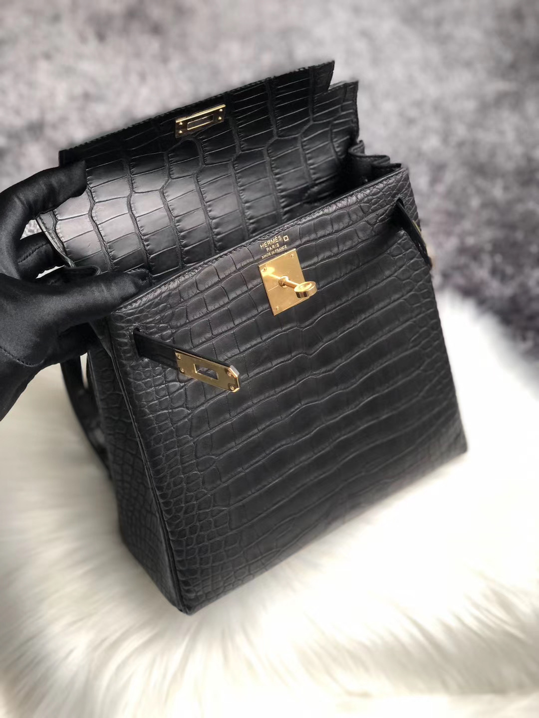 Taiwan Hermes Kelly Ado Backpack Black Matte Nilo Crocodile