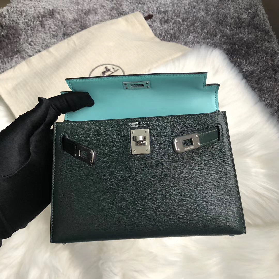 Hermes Kelly Mini 2代 Chevre 1T泰坦綠 Titan 內拼 3P Blue Atoll 馬卡龍藍