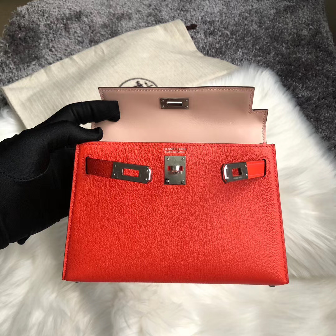 Hermes Kelly Mini 2代 Chevre 9J Feu 火焰橙 內拼 P1 Rose Eglantine