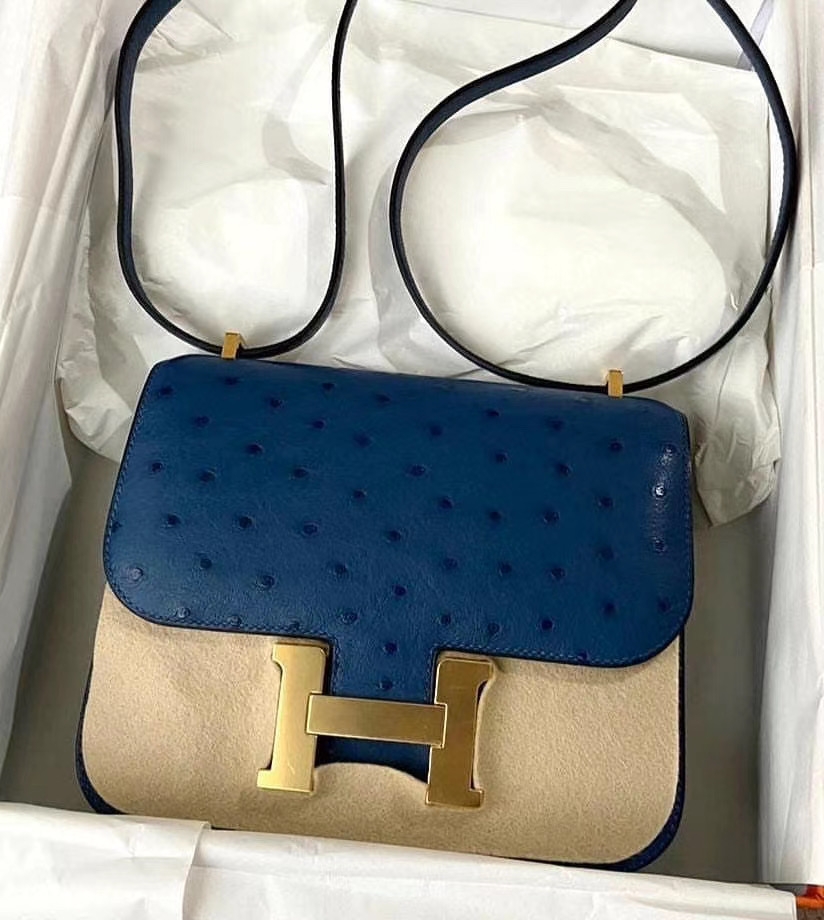 香港葵青區愛馬仕 Hermes Constance 19cm Ostrich S4 Deep Blue