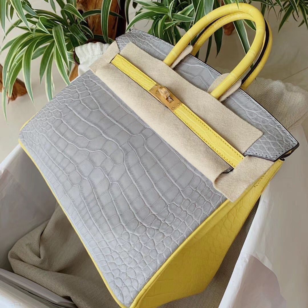 Hermes Birkin 25cm Crocodile CC80 Griss Pearl M9 Mimosa 金盞花黃