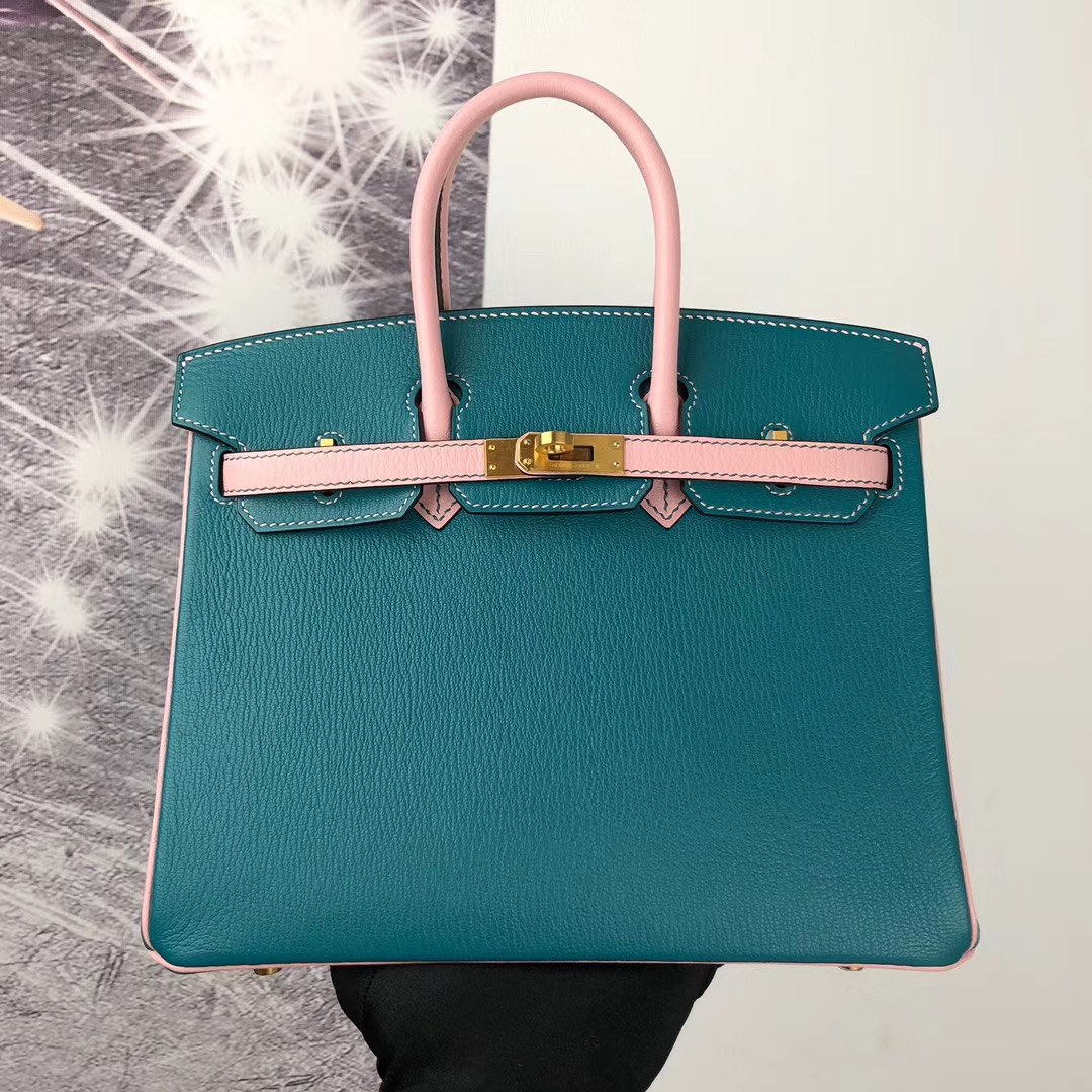 臺灣臺北市大安區 Hermes Birkin 25cm HSS Chevre 7F孔雀藍 3Q新粉色 拉絲金扣