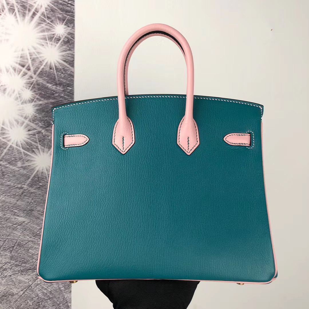 臺灣臺北市大安區 Hermes Birkin 25cm HSS Chevre 7F孔雀藍 3Q新粉色 拉絲金扣