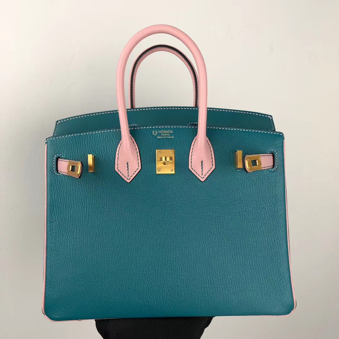 臺灣臺北市大安區 Hermes Birkin 25cm HSS Chevre 7F孔雀藍 3Q新粉色 拉絲金扣