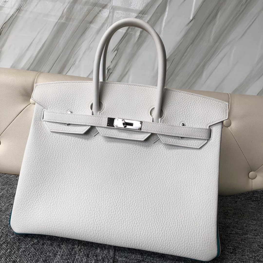 臺灣臺北市文山區 Hermes Birkin 35cm 01 Pure white 純白色 內拼 7F Blue Paon 孔雀藍