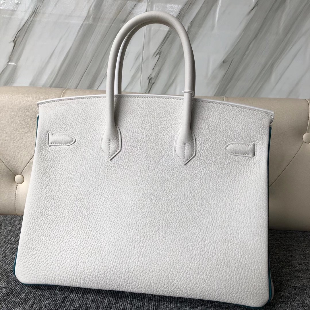 臺灣臺北市文山區 Hermes Birkin 35cm 01 Pure white 純白色 內拼 7F Blue Paon 孔雀藍