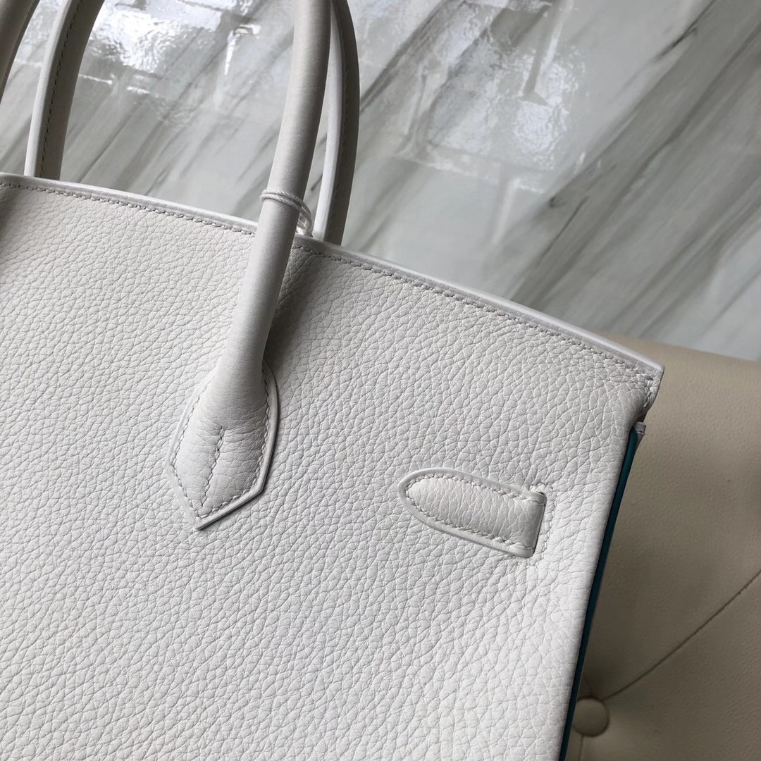 臺灣臺北市文山區 Hermes Birkin 35cm 01 Pure white 純白色 內拼 7F Blue Paon 孔雀藍