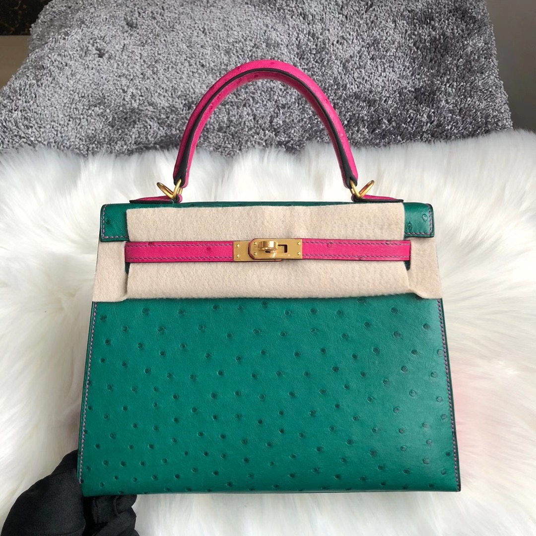 香港荃灣區荃灣 愛馬仕凱莉包 Hermes Kelly 25cm Ostrich HSS U4丝绒绿 L3玫瑰紫