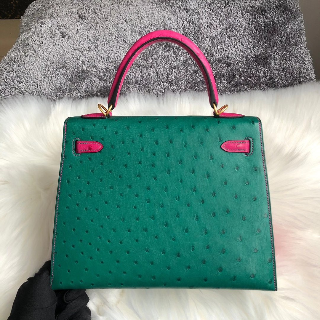 香港荃灣區荃灣 愛馬仕凱莉包 Hermes Kelly 25cm Ostrich HSS U4丝绒绿 L3玫瑰紫