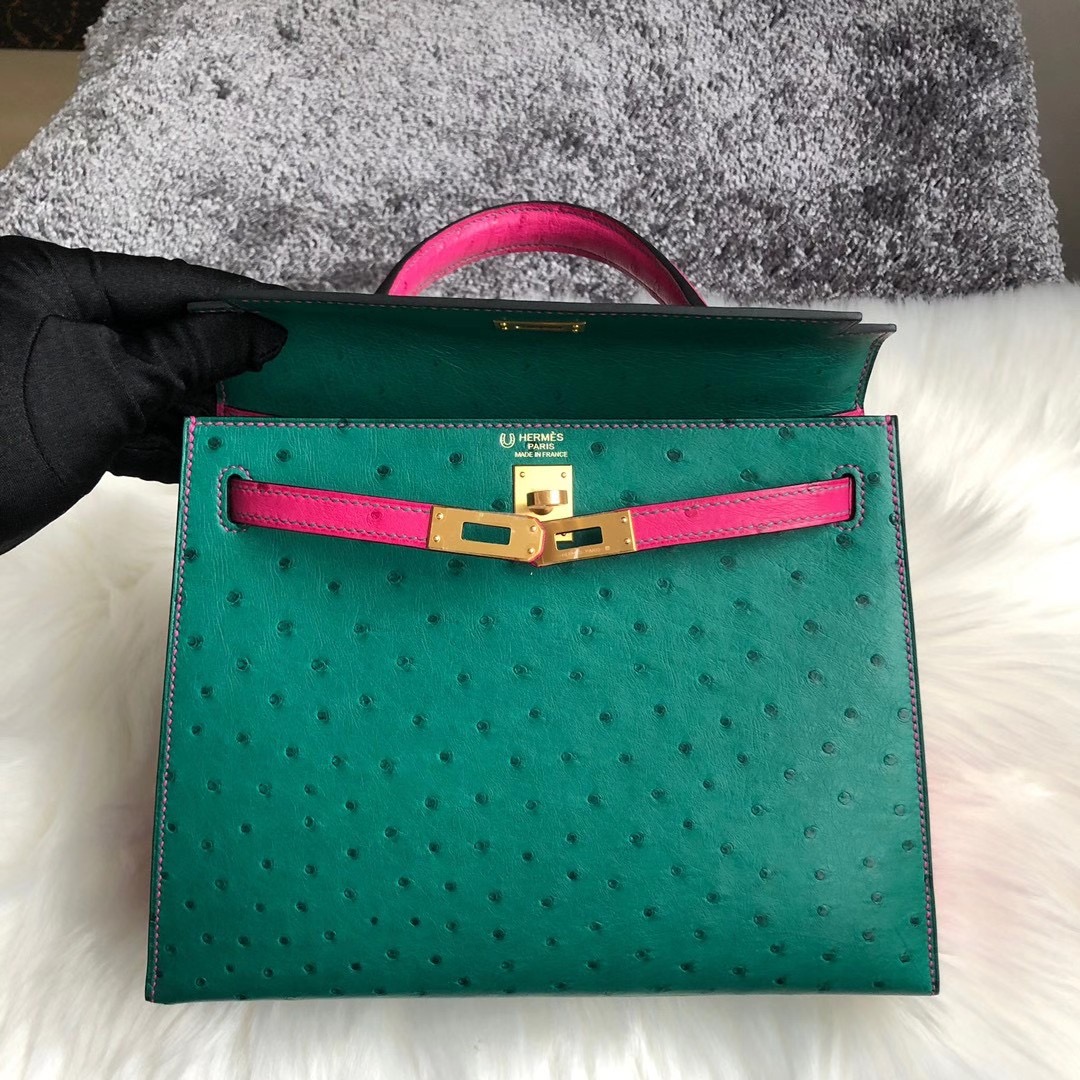 香港荃灣區荃灣 愛馬仕凱莉包 Hermes Kelly 25cm Ostrich HSS U4丝绒绿 L3玫瑰紫