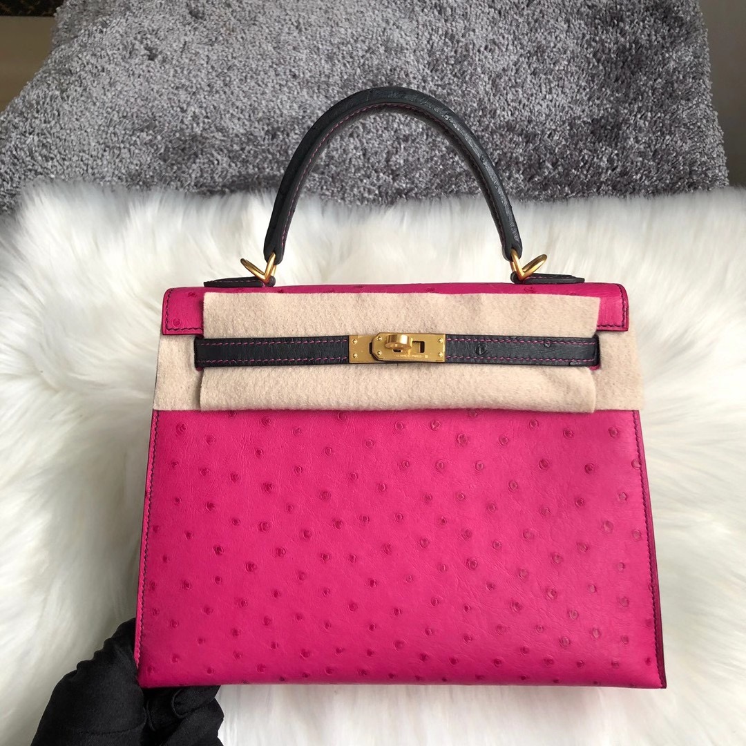 香港中西區中環愛馬仕凱莉包 Hermes Kelly25cm HSS Ostrich L3 玫瑰紫 2Z午夜藍