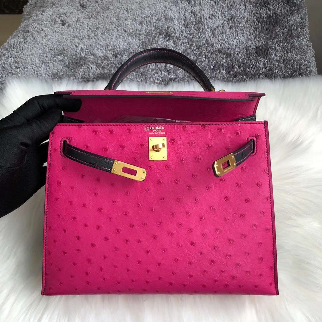 香港中西區中環愛馬仕凱莉包 Hermes Kelly25cm HSS Ostrich L3 玫瑰紫 2Z午夜藍