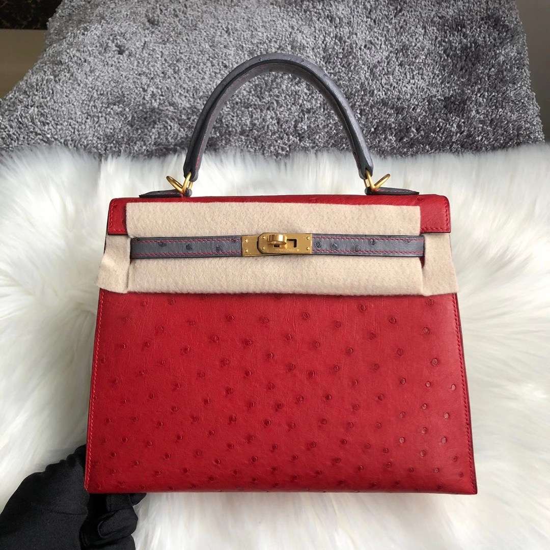 香港中西區上環愛馬仕凱莉包 Hermes Kelly 25cm Ostrich Q5國旗紅 CK82瑪瑙灰