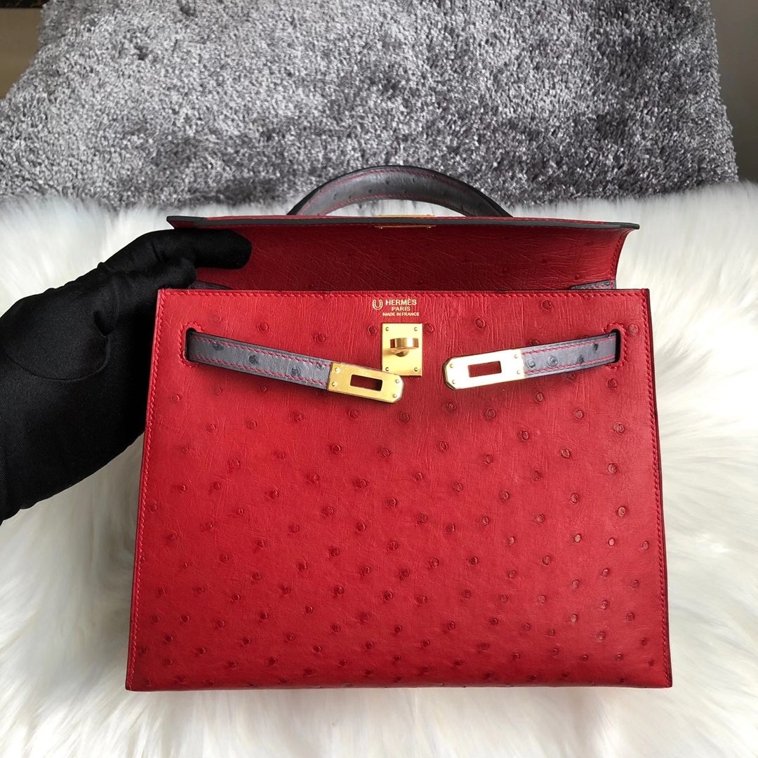 香港中西區上環愛馬仕凱莉包 Hermes Kelly 25cm Ostrich Q5國旗紅 CK82瑪瑙灰