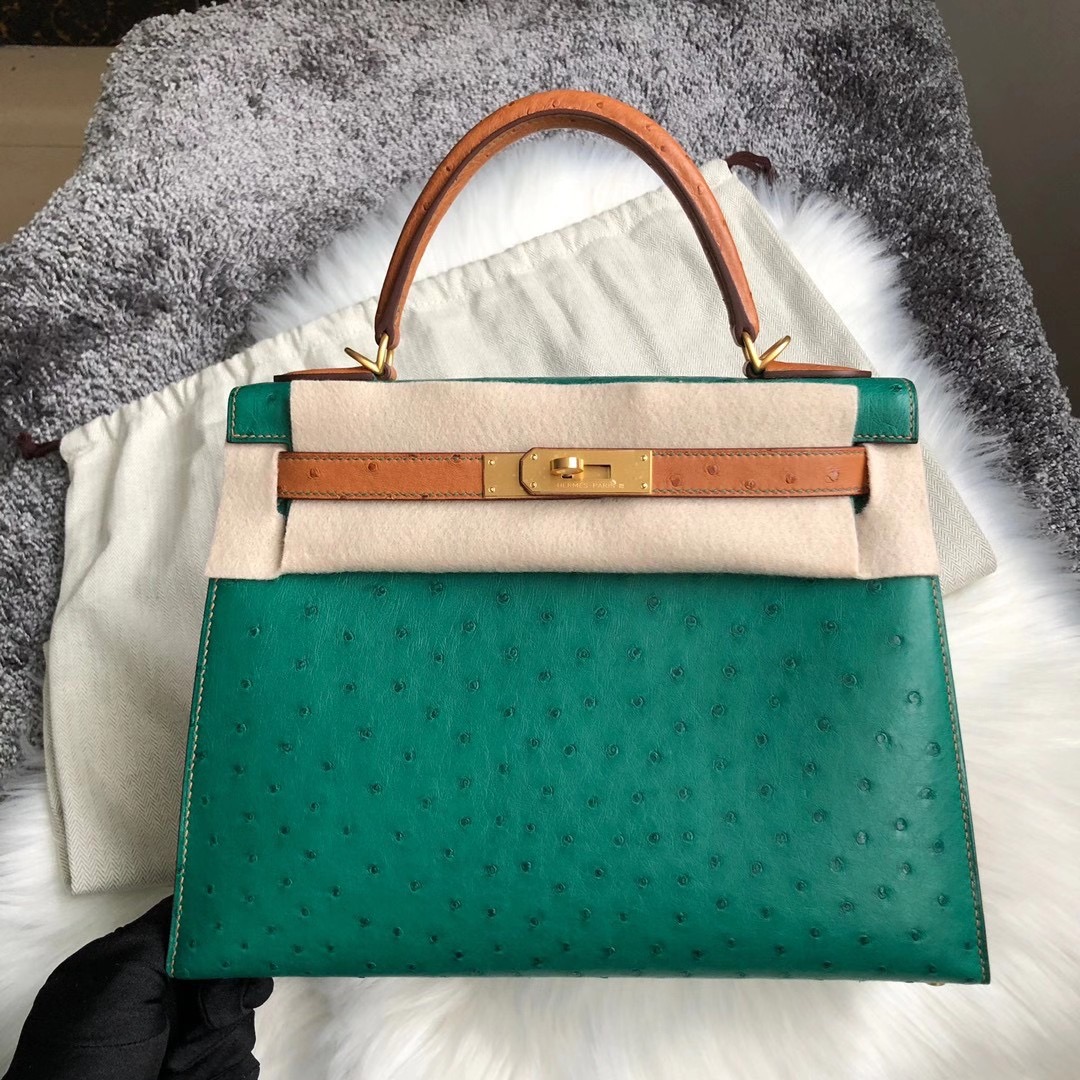 香港中西區西環愛馬仕鴕鳥皮凱莉包 Hermes Kelly28cm Ostrich U4絲絨綠 37金棕色