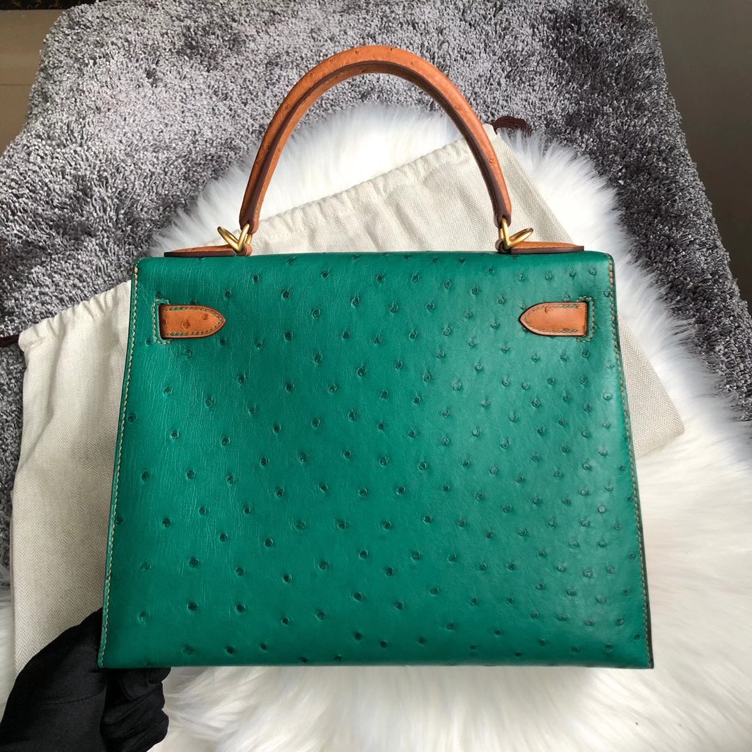 香港中西區西環愛馬仕鴕鳥皮凱莉包 Hermes Kelly28cm Ostrich U4絲絨綠 37金棕色