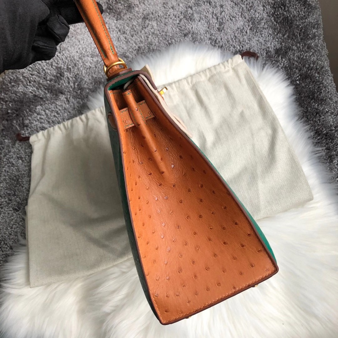 香港中西區西環愛馬仕鴕鳥皮凱莉包 Hermes Kelly28cm Ostrich U4絲絨綠 37金棕色