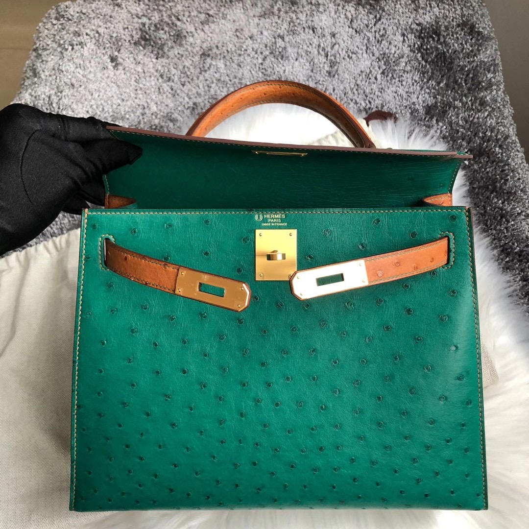 香港中西區西環愛馬仕鴕鳥皮凱莉包 Hermes Kelly28cm Ostrich U4絲絨綠 37金棕色