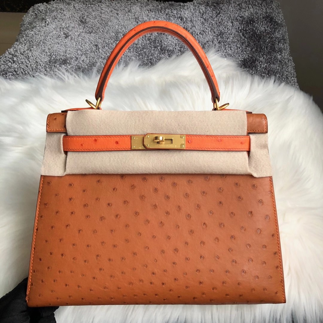 香港中西區堅尼地城愛馬仕鴕鳥皮凱莉包 Hermes Kelly 28cm Ostrich 37金棕色 CK93橙色