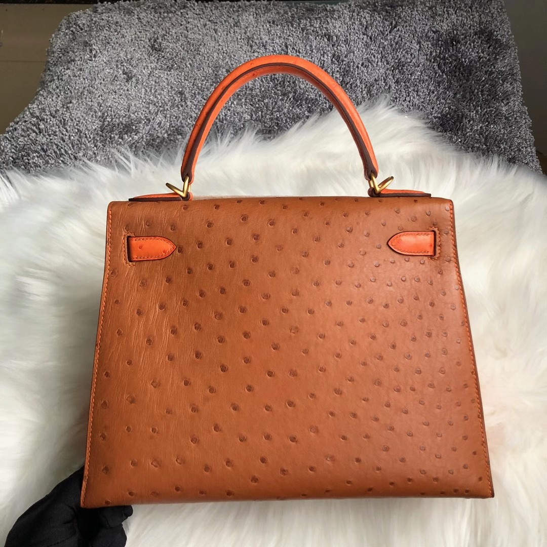 香港中西區堅尼地城愛馬仕鴕鳥皮凱莉包 Hermes Kelly 28cm Ostrich 37金棕色 CK93橙色