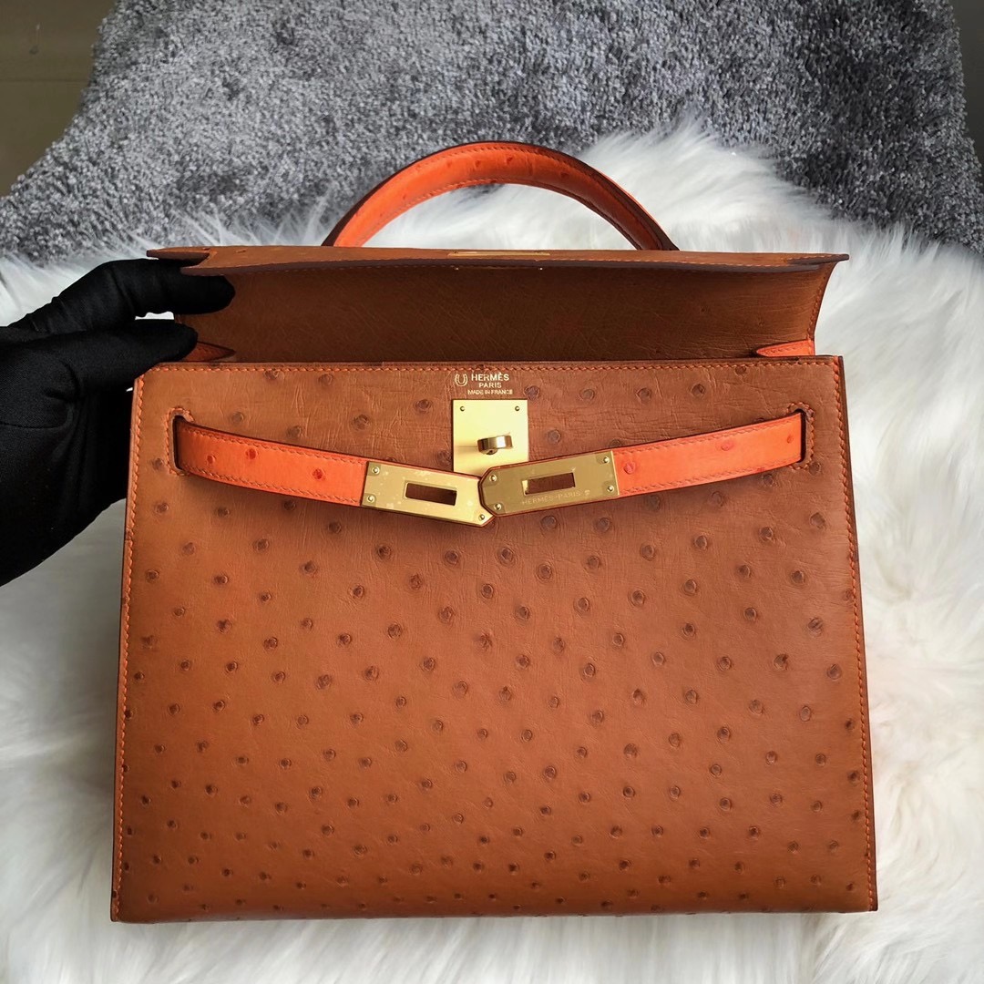 香港中西區堅尼地城愛馬仕鴕鳥皮凱莉包 Hermes Kelly 28cm Ostrich 37金棕色 CK93橙色