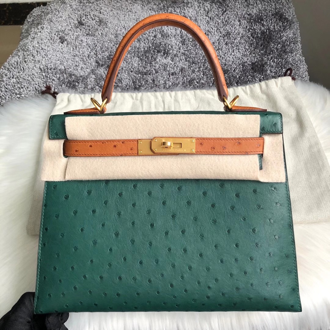 Hermes Kelly 28cm HSS Ostrich 67 Vert Fonce 祖母綠 37 gold 金棕色 拉絲金扣