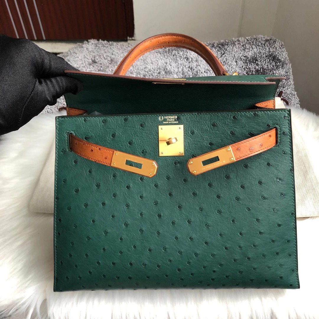 Hermes Kelly 28cm HSS Ostrich 67 Vert Fonce 祖母綠 37 gold 金棕色 拉絲金扣