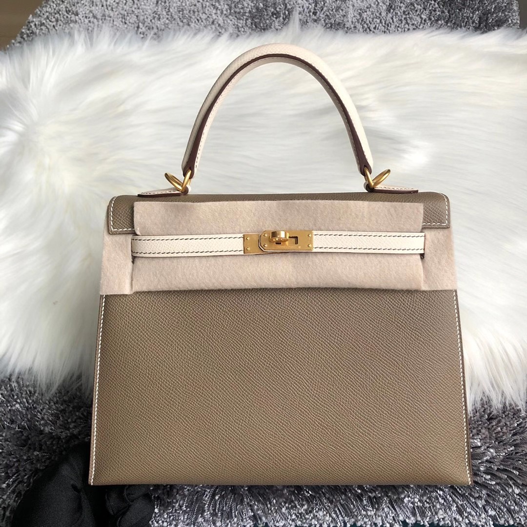 Hong Kong Hermes Kelly 25cm 18 Etoupe 大象灰 10 Craie 奶昔白 拉絲金扣