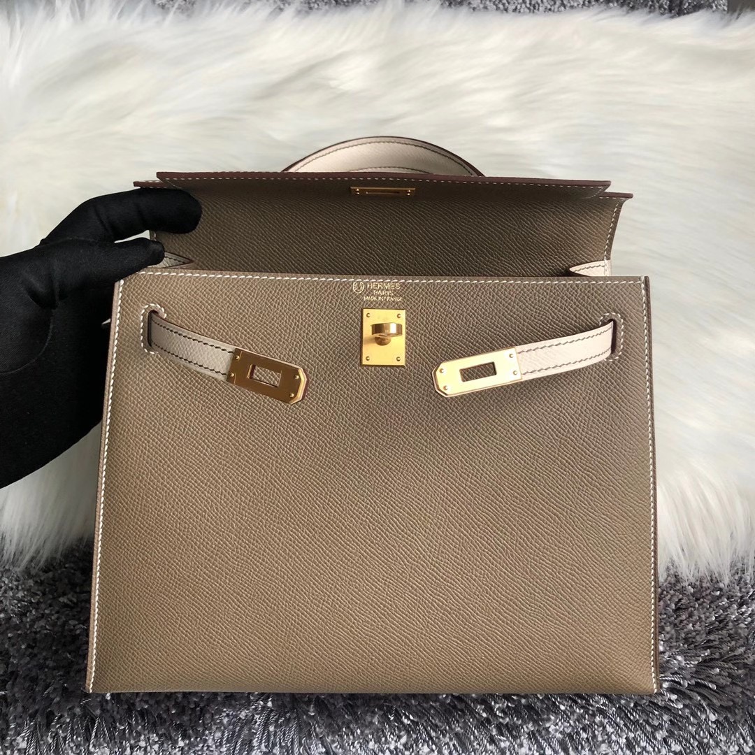 Hong Kong Hermes Kelly 25cm 18 Etoupe 大象灰 10 Craie 奶昔白 拉絲金扣