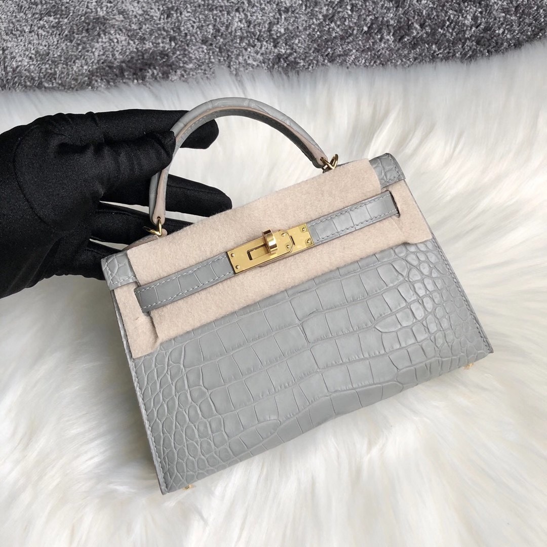 Hermes Kelly Mini 2 美洲鱷魚 Matte Alligator Crocodile 80 Griss perle 珍珠灰