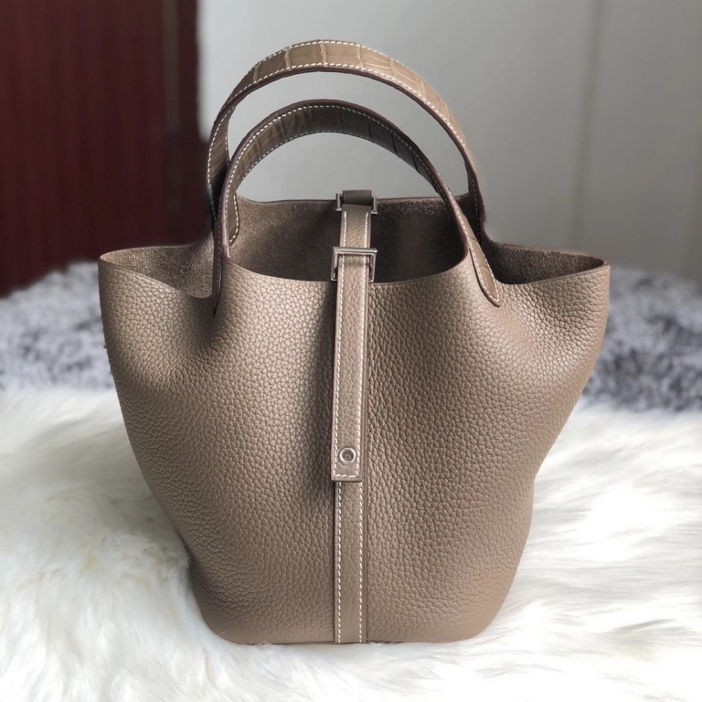 Hong Kong Hermes Picotin Lock 22cm Clemence Crocodile 18 Etoupe 大象灰