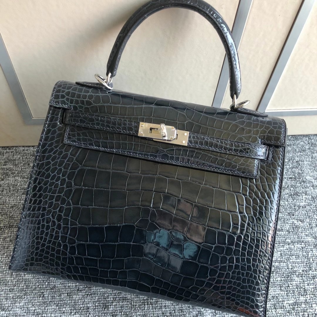 Macao Hermes Kelly 25cm Shiny alligator crocodile CK76 Blue Indigo 深海藍