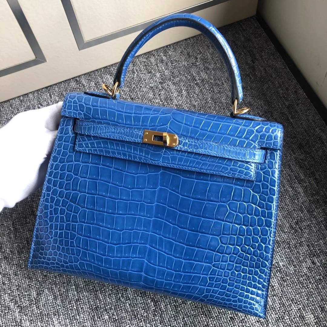 Macao Hermes Kelly 25cm 7Q Blue Mykonos 亮面倒V 澳洲灣鱷 Shiny Porosus Crocodile