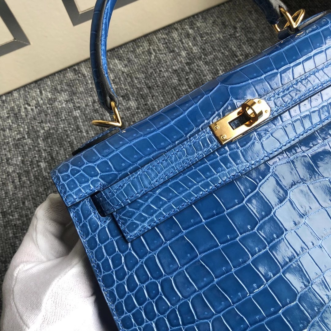 Macao Hermes Kelly 25cm 7Q Blue Mykonos 亮面倒V 澳洲灣鱷 Shiny Porosus Crocodile