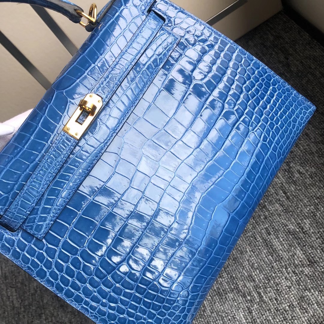 Macao Hermes Kelly 25cm 7Q Blue Mykonos 亮面倒V 澳洲灣鱷 Shiny Porosus Crocodile