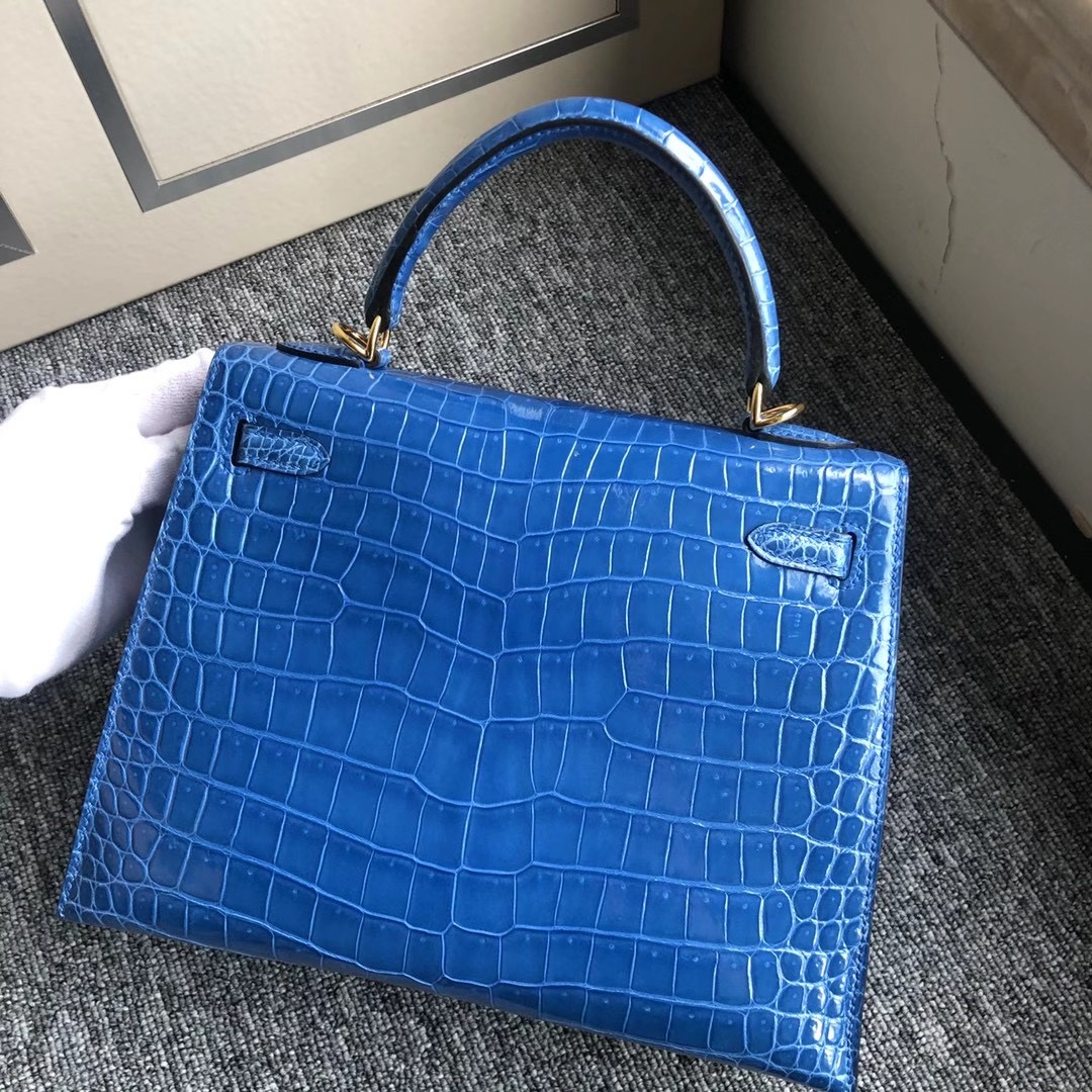 Macao Hermes Kelly 25cm 7Q Blue Mykonos 亮面倒V 澳洲灣鱷 Shiny Porosus Crocodile